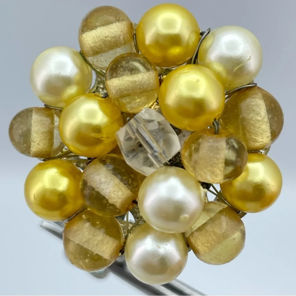 Vintage Japan Gold & Ivory Beaded Necklace & Cluster Clip Earring Set